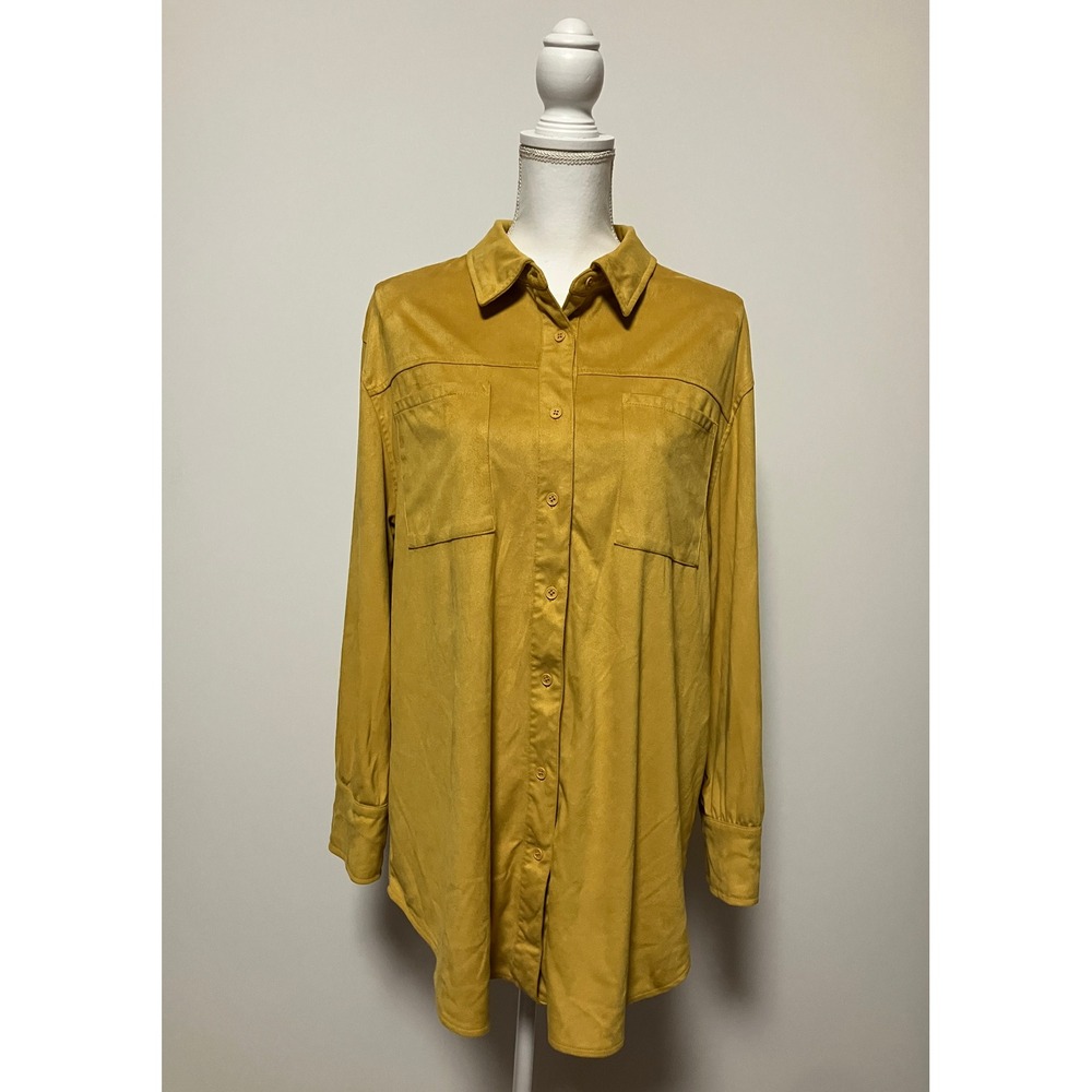 Bagatelle Women Faux Suede Button Down Shirt L Mustard Yellow Long Sleeve 70155